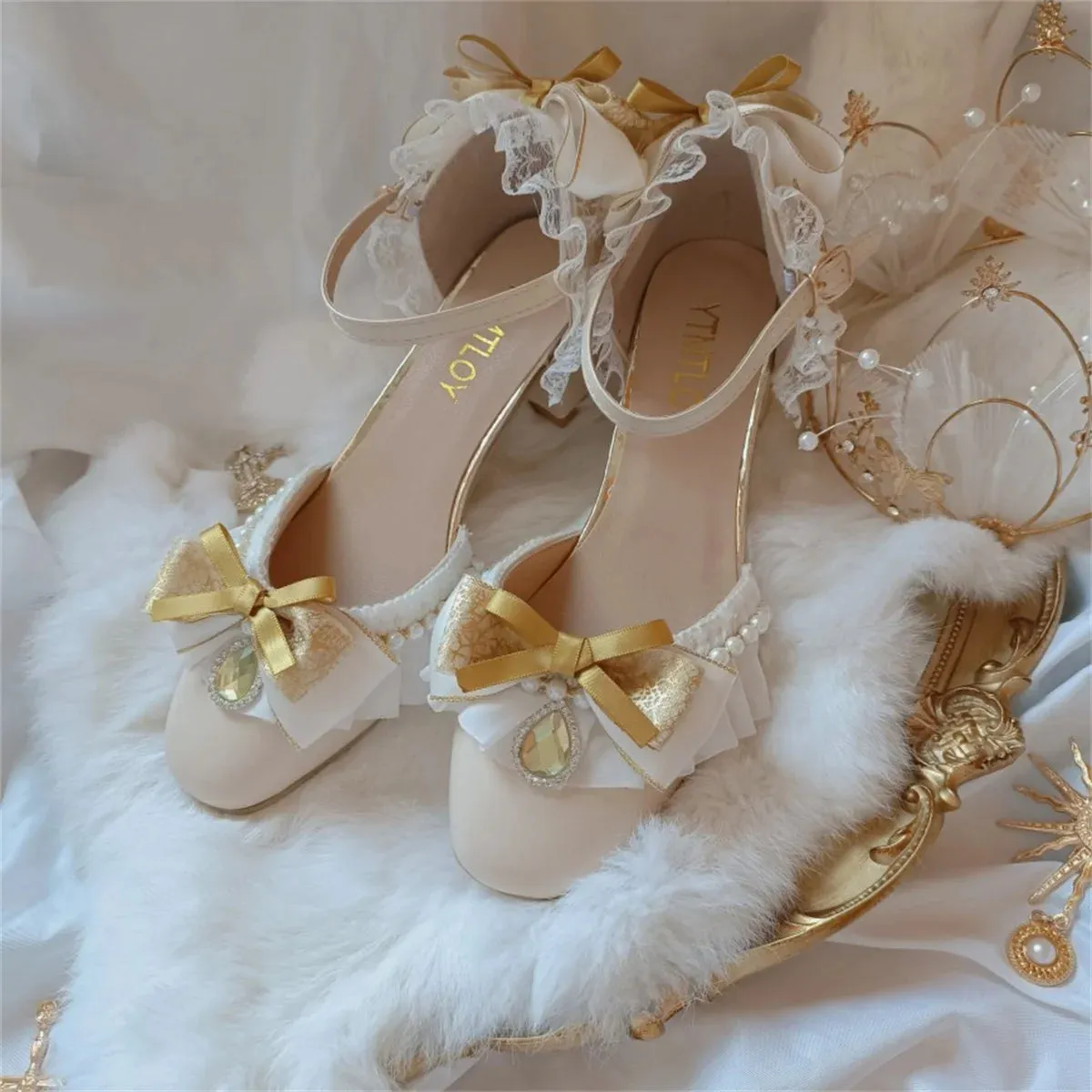 Sohiwoo Retro Court Style Lolita Cosplay Flower Wedding Girl Gorgeous Square Head Lace Ruffled Bow Gem Pearl 4.5cm High Heeled Shoes