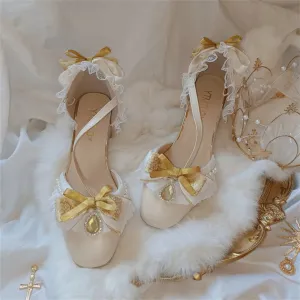 Sohiwoo Retro Court Style Lolita Cosplay Flower Wedding Girl Gorgeous Square Head Lace Ruffled Bow Gem Pearl 4.5cm High Heeled Shoes