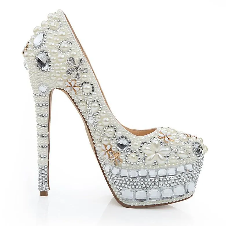 Super High Heels Handmade Pearls Rhinestone Pointed Toe Crystal Wedding Shoes, SY0137