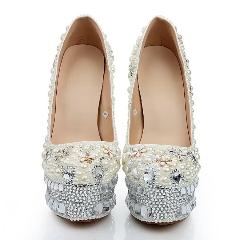 Super High Heels Handmade Pearls Rhinestone Pointed Toe Crystal Wedding Shoes, SY0137