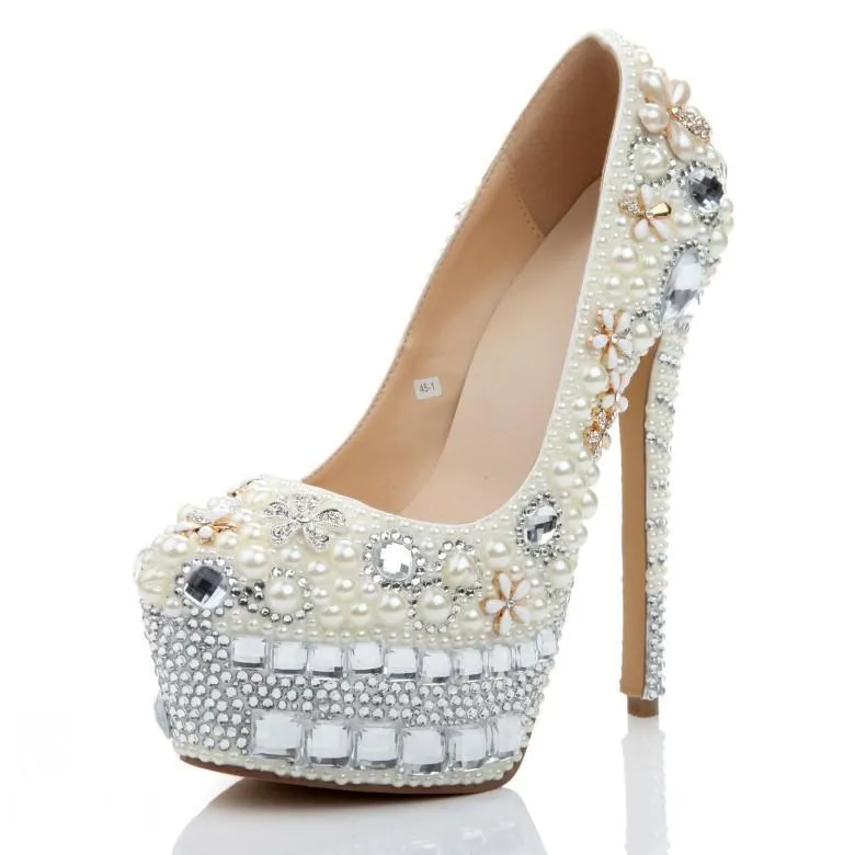 Super High Heels Handmade Pearls Rhinestone Pointed Toe Crystal Wedding Shoes, SY0137