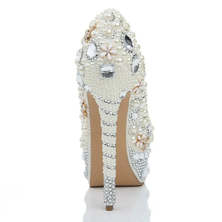 Super High Heels Handmade Pearls Rhinestone Pointed Toe Crystal Wedding Shoes, SY0137