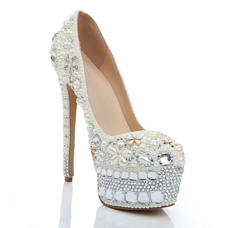 Super High Heels Handmade Pearls Rhinestone Pointed Toe Crystal Wedding Shoes, SY0137