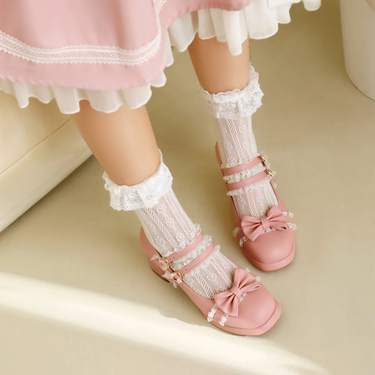 Sweet Lolita Shoes Bows PU Leather Chunky Heel Pumps