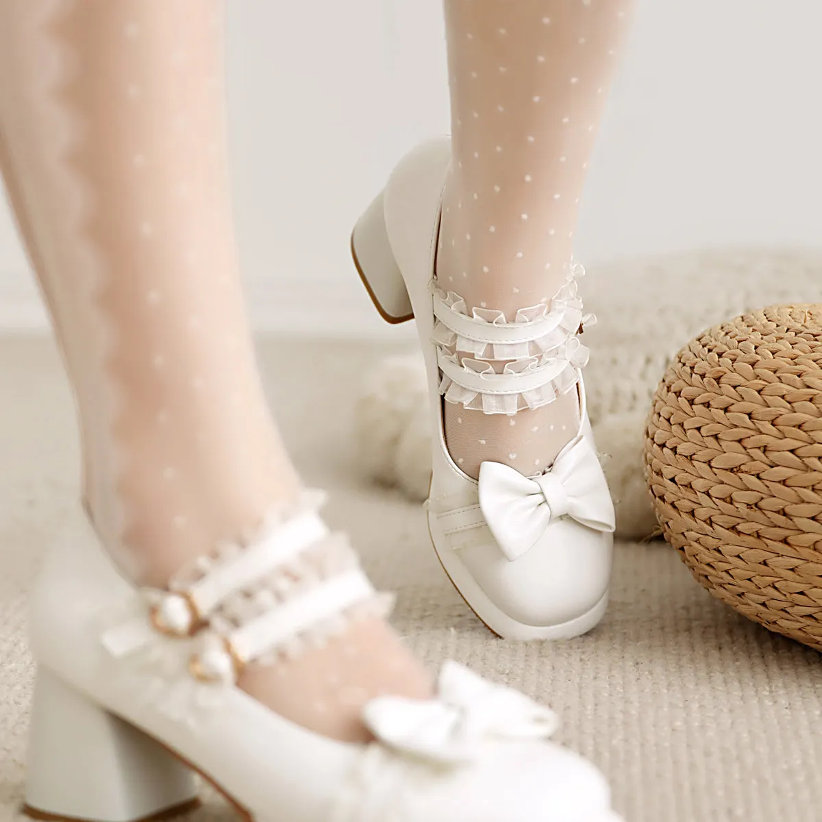 Sweet Lolita Shoes Bows PU Leather Chunky Heel Pumps