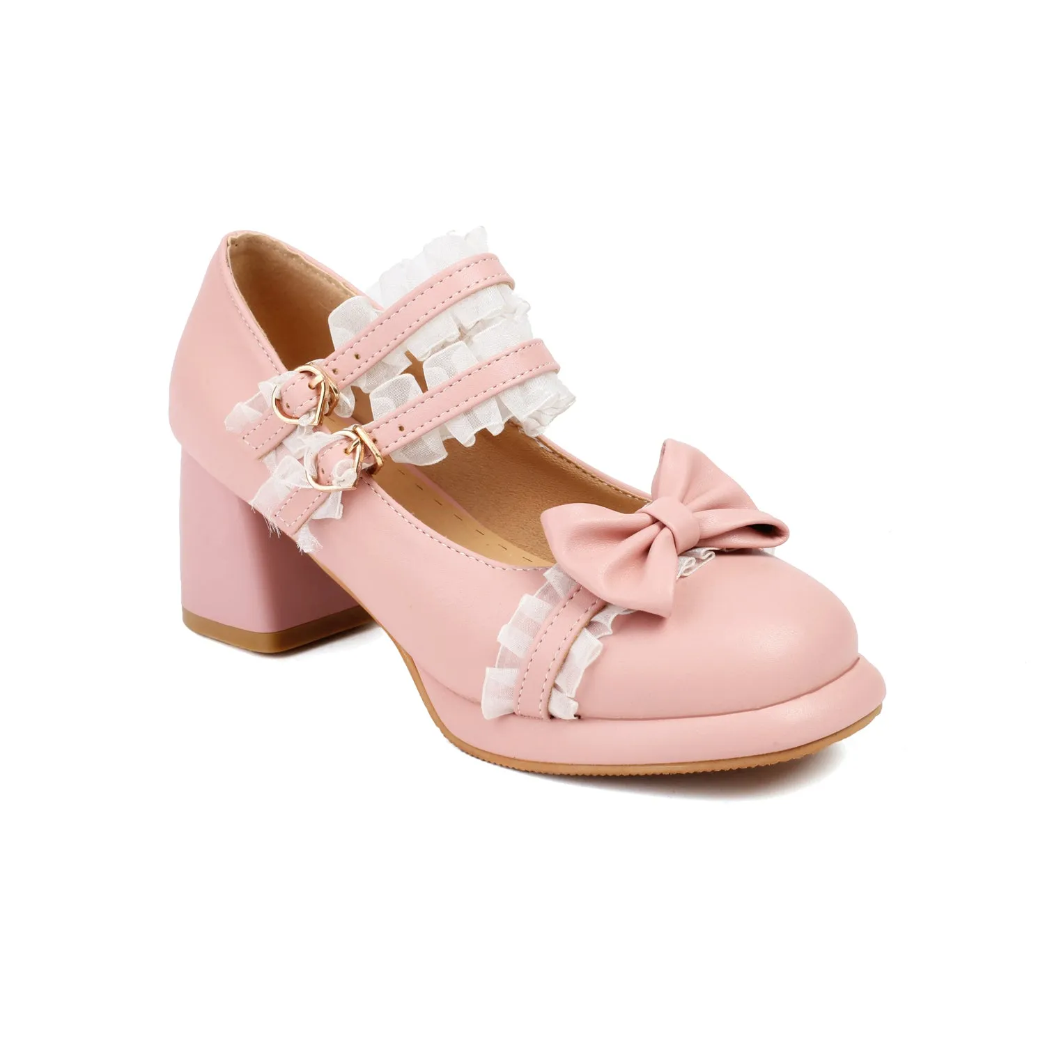 Sweet Lolita Shoes Bows PU Leather Chunky Heel Pumps