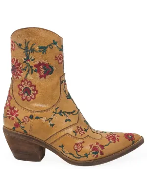 Tan Leather Embroidered Ankle Boot