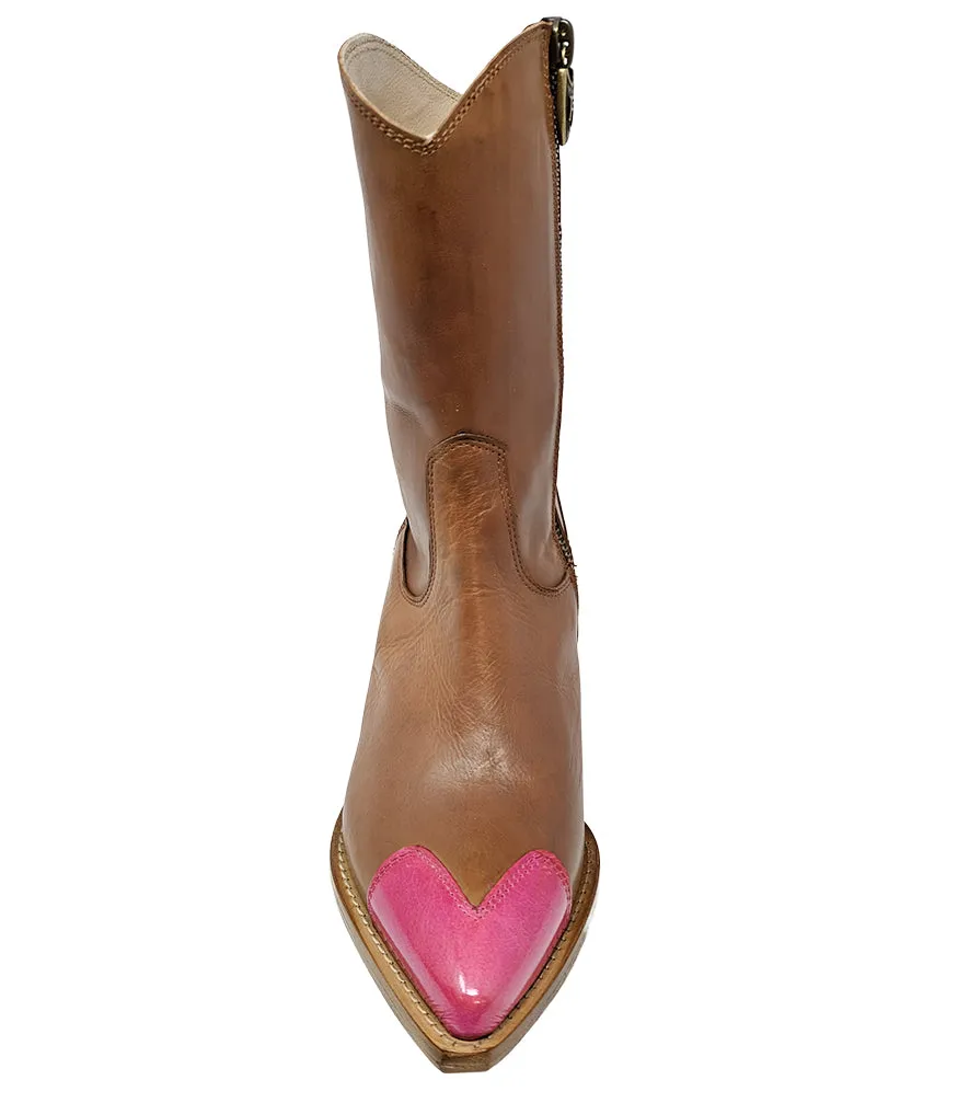 Tan/Fuchsia Heart Toe Ankle Boot