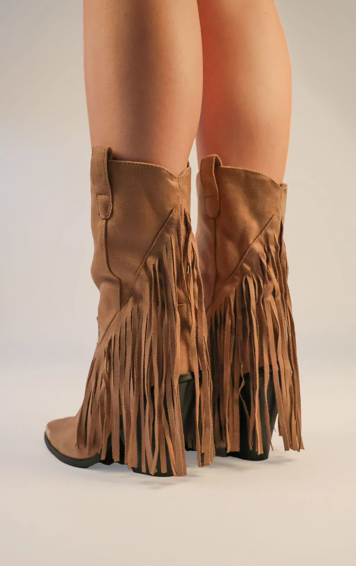 Taupe Mid Faux Suede Fringe Tassel Cowboy Boot Toe Cap