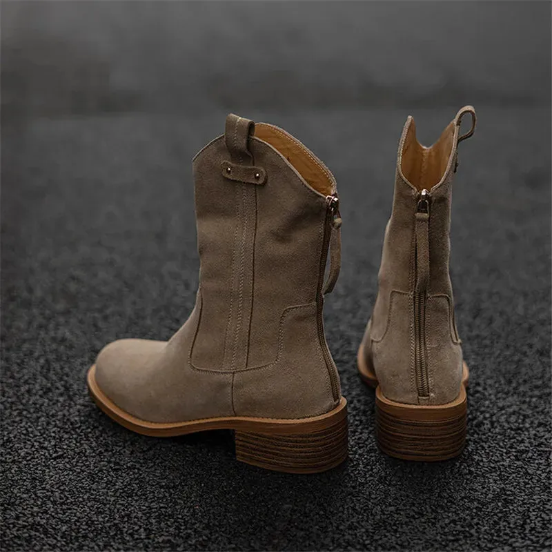 TAVIMART  -  New Autumn Cow Suede Women Boot Casual Short Boots for Women Fashion Boots Ladies Shoes Chunky Heels Western Cowboy Boots