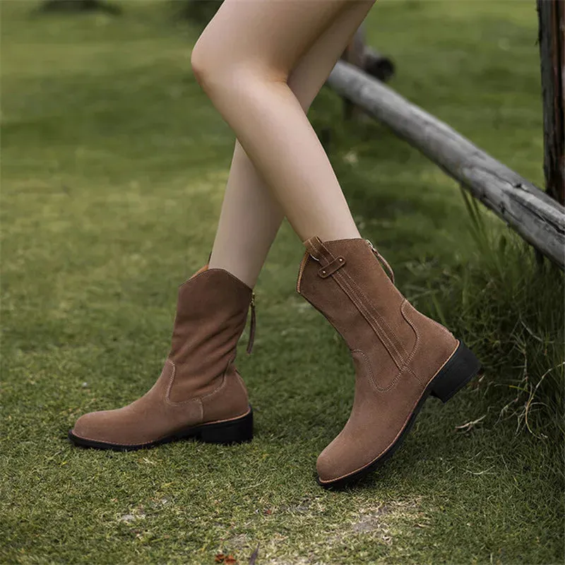 TAVIMART  -  New Autumn Cow Suede Women Boot Casual Short Boots for Women Fashion Boots Ladies Shoes Chunky Heels Western Cowboy Boots