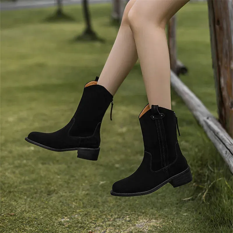 TAVIMART  -  New Autumn Cow Suede Women Boot Casual Short Boots for Women Fashion Boots Ladies Shoes Chunky Heels Western Cowboy Boots