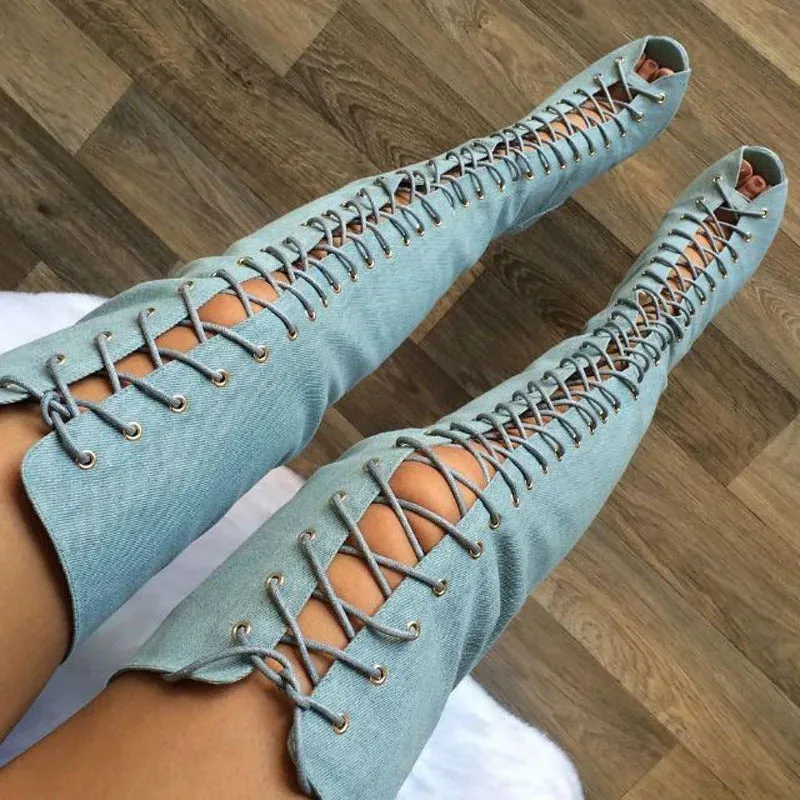 TAVIMART  -  Sexy Peep Toe Cross-tie Denim Cloth Thigh High Boots Thin High Heel Adjustable Lace Up Cowboy Over Knee Long Botas Shoes