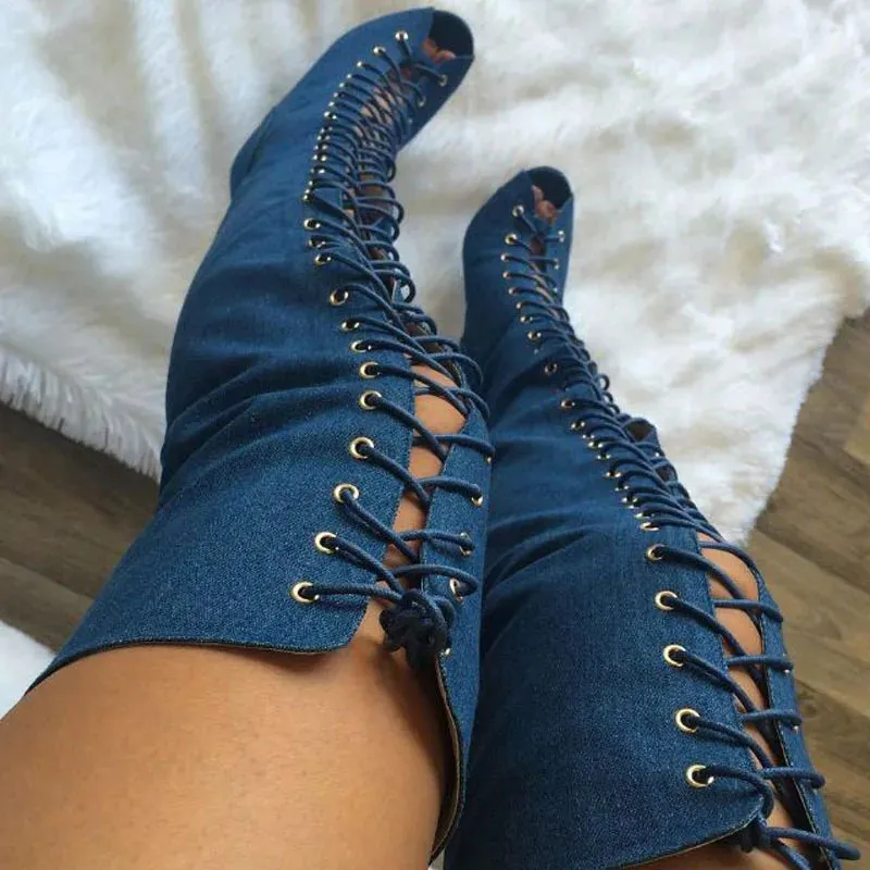 TAVIMART  -  Sexy Peep Toe Cross-tie Denim Cloth Thigh High Boots Thin High Heel Adjustable Lace Up Cowboy Over Knee Long Botas Shoes