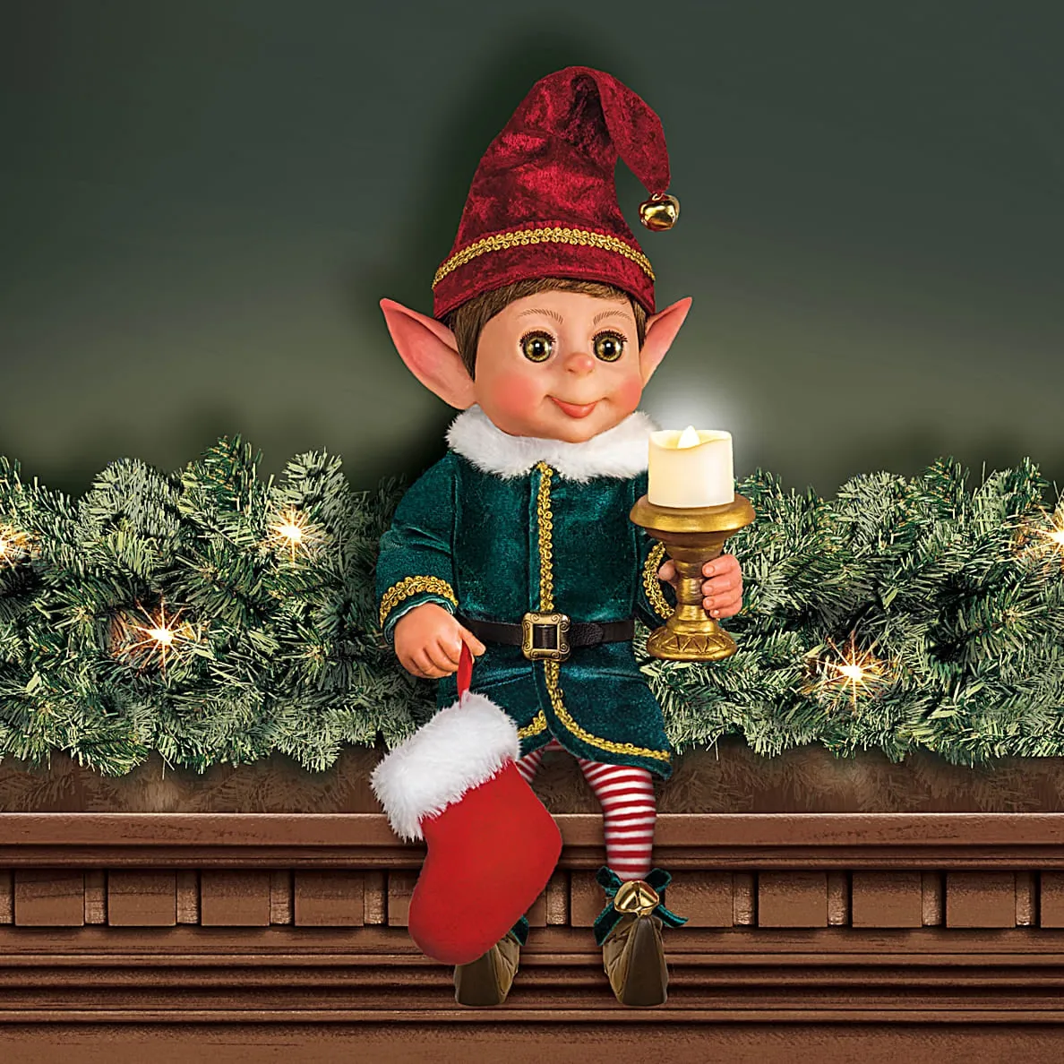 The Ashton-Drake Galleries Charlie Christmas Elf Collection Issue #1: 'Charlie Christmas Elf' Doll Handcrafted Holiday Elf with Light-Up Candle, Story Card, and Stocking Holiday Decorations by Ina Volprich 14-Inches