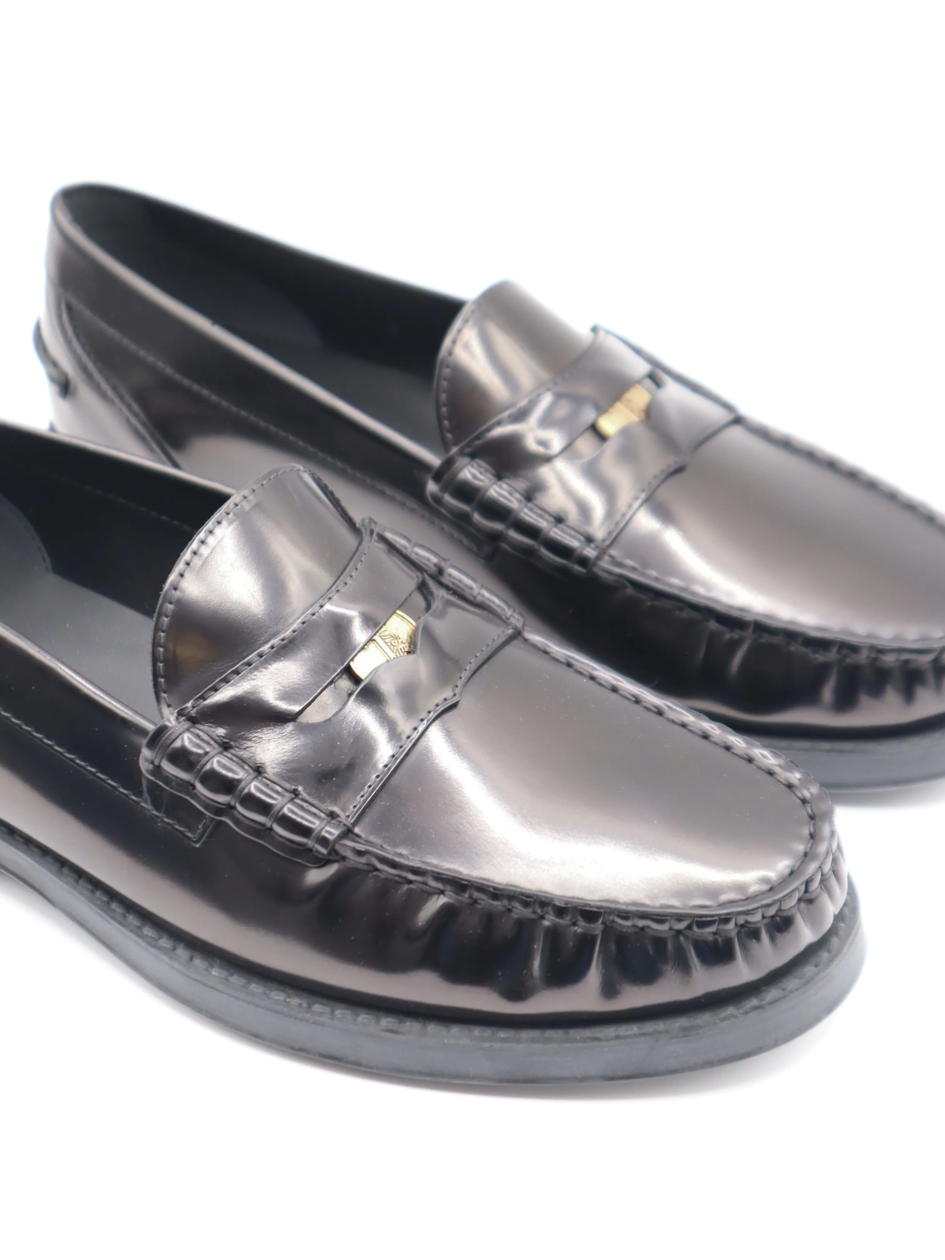 Tods Mens Black Ruched Penny Leather Loafer with T Coin Shoe