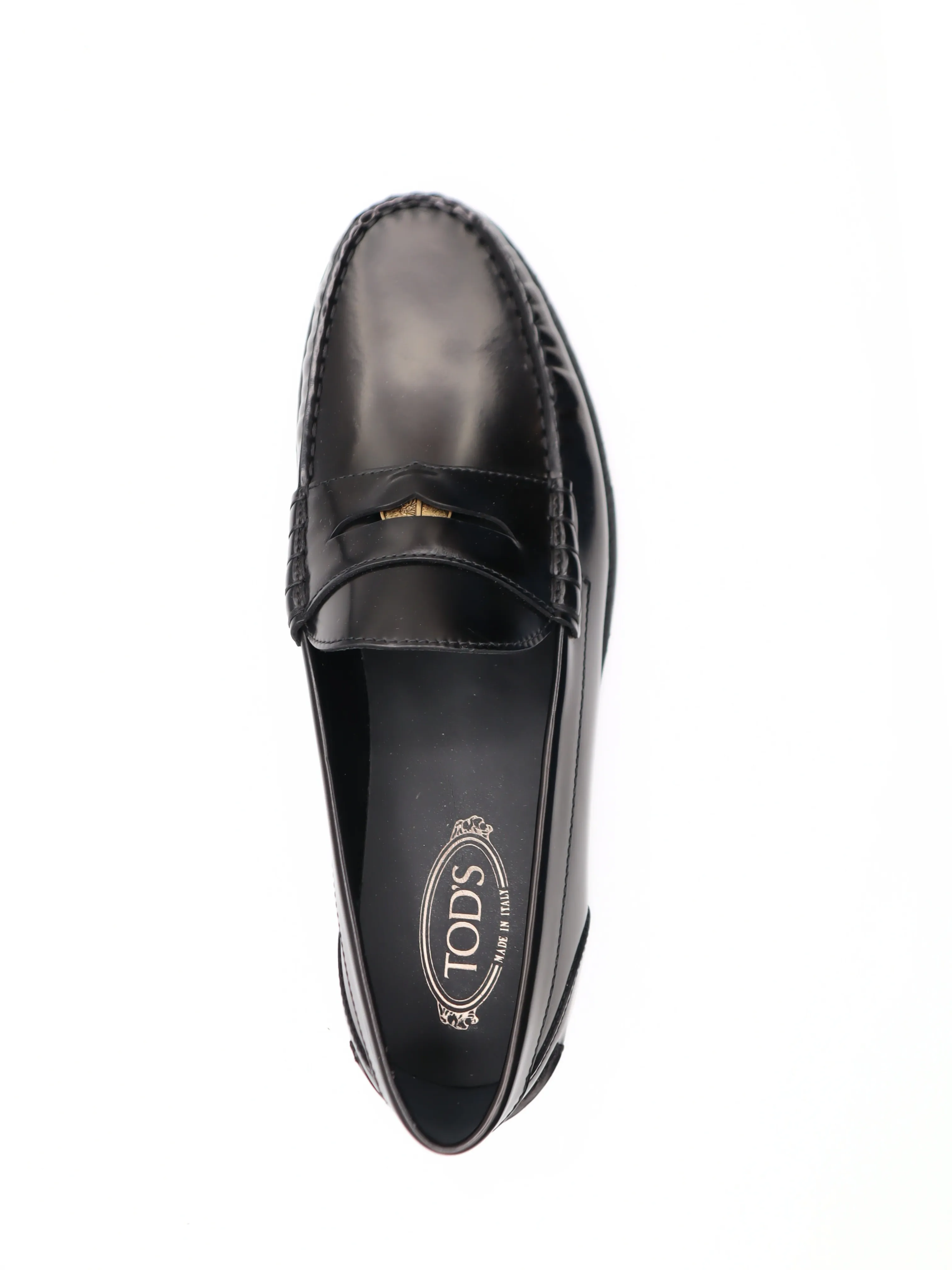 Tods Mens Black Ruched Penny Leather Loafer with T Coin Shoe