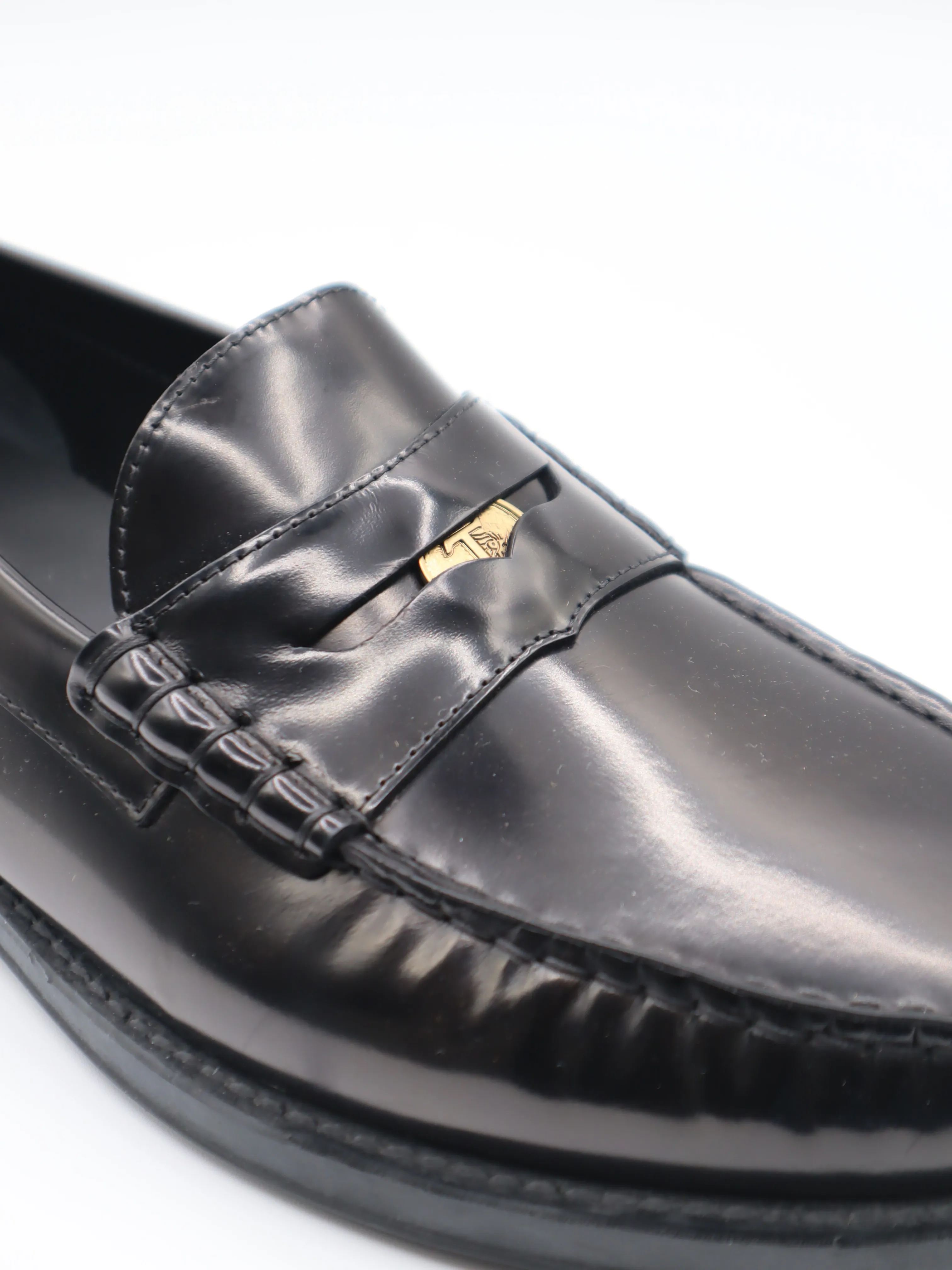 Tods Mens Black Ruched Penny Leather Loafer with T Coin Shoe