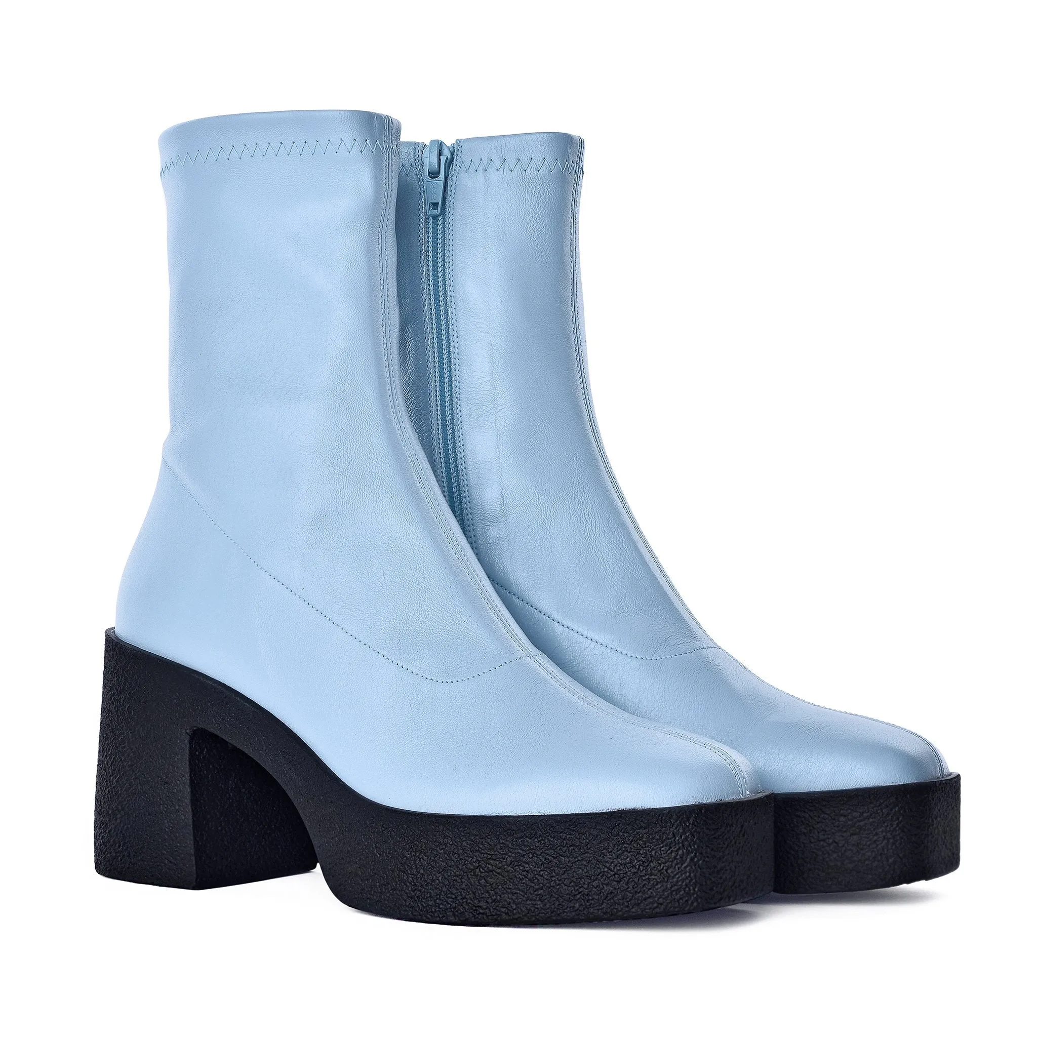 Umi Pastel Blue Stretch Leather Chunky Ankle Boots