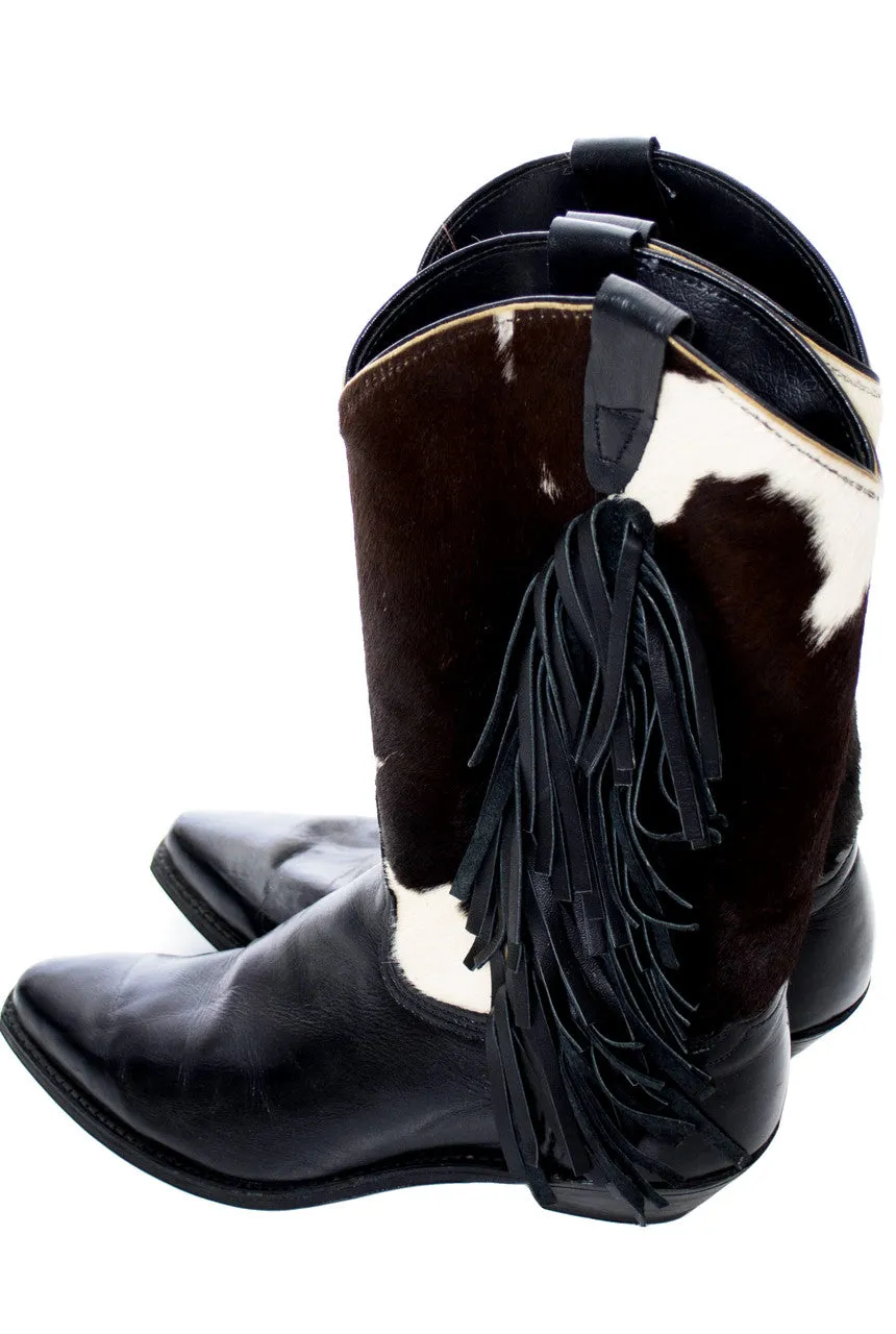 Vintage Black Leather Pony Fur Ladies Cowboy Boots 7.5 Cowgirl