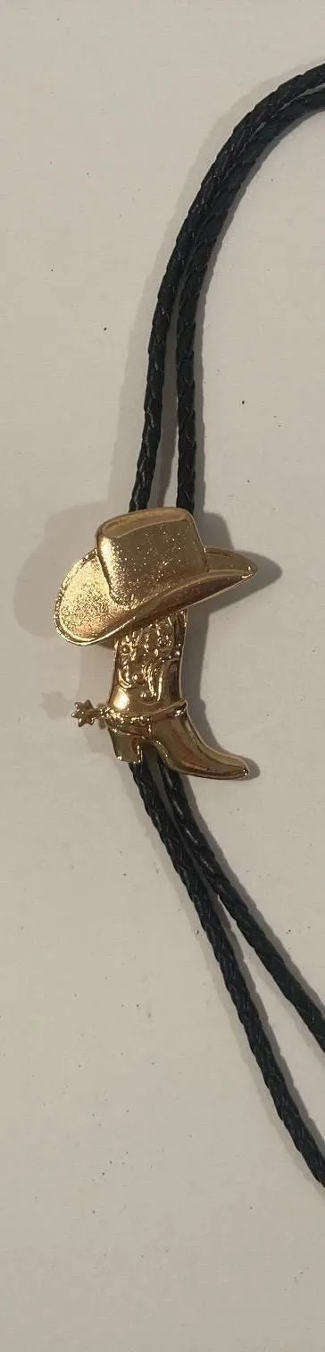 Vintage Metal Bolo Tie, Nice Brass Cowboy Hat Over Boots Design, Nice Western Design, 2 1/2" x 2", Quality, Heavy Duty