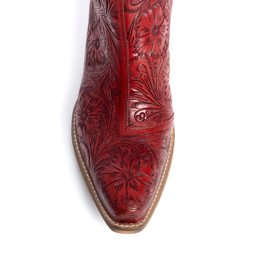 Western Moxie Hand-tooled Booties in Scarlet