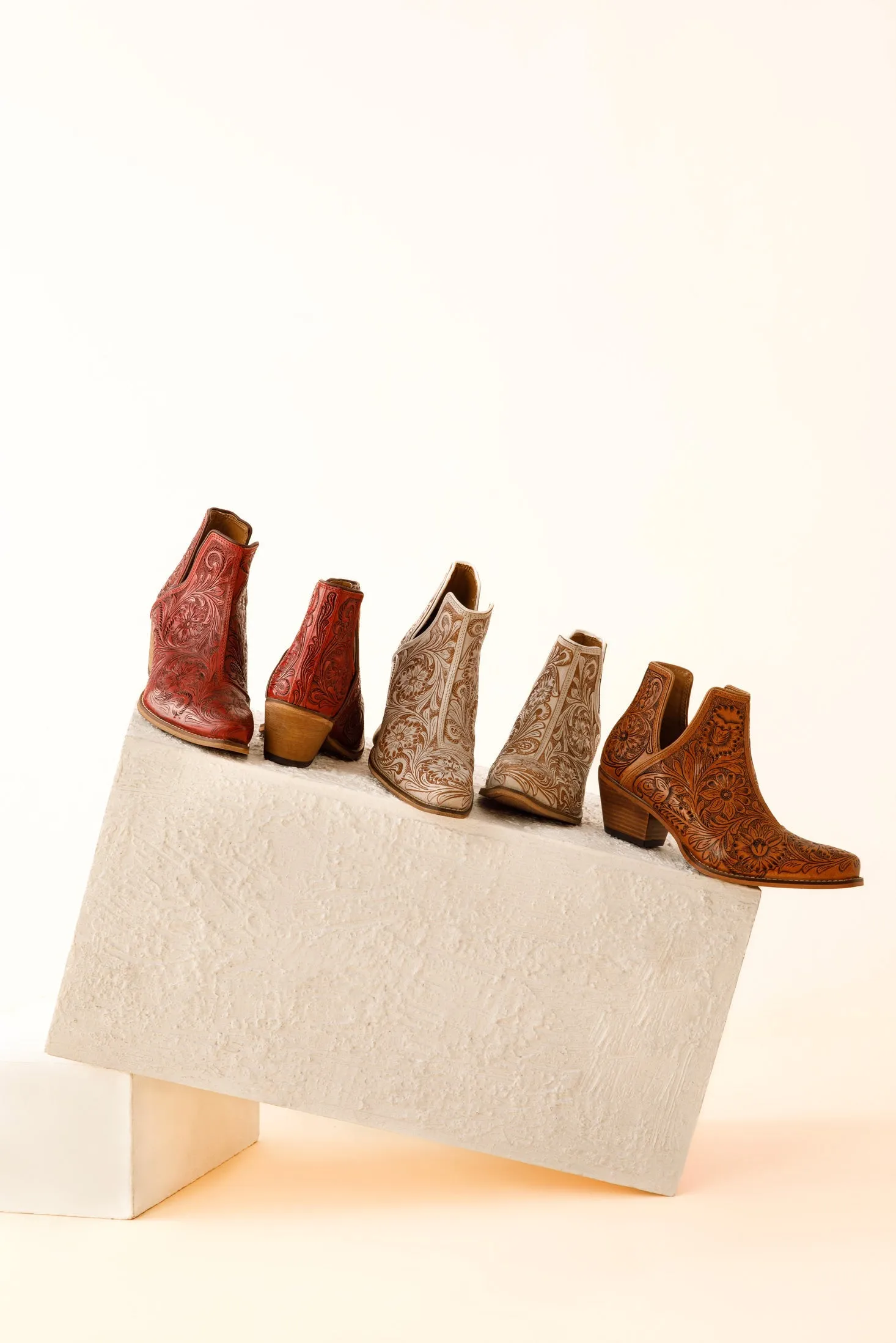 Western Moxie Hand-tooled Booties in Scarlet