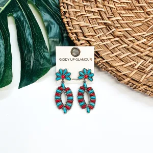 Western Oval Outline Cluster Drop Earrings in Turquoise/Red