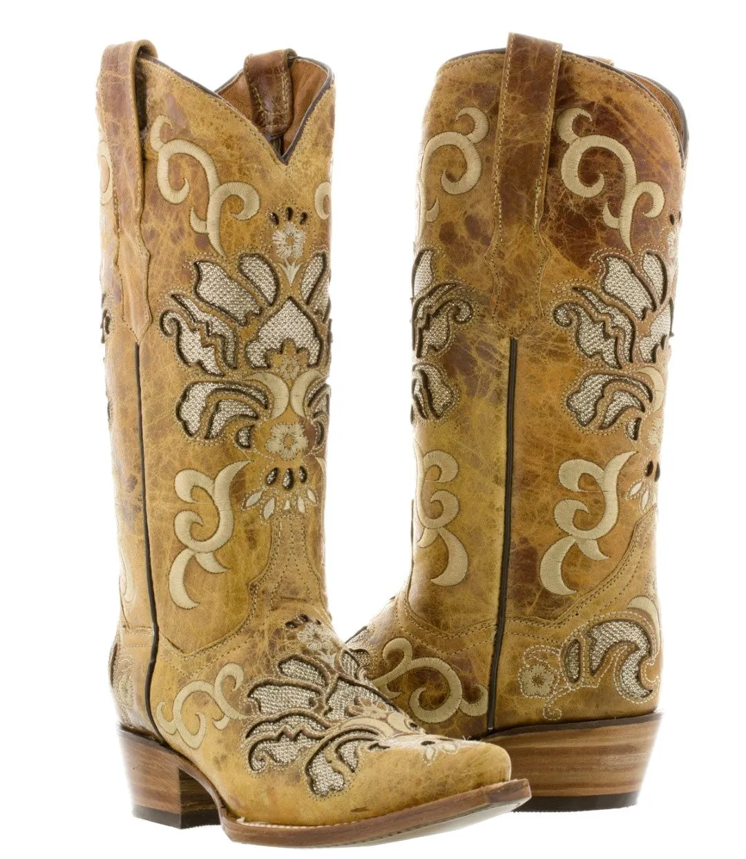 Women's Arabe Sand Inlay Fashion Leather Cowgirl Boots - Snip Toe