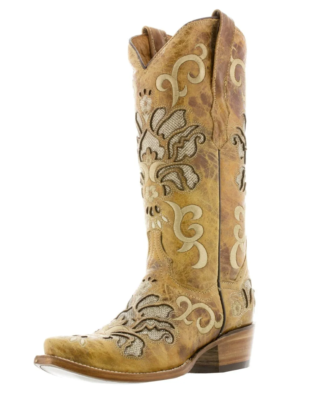 Women's Arabe Sand Inlay Fashion Leather Cowgirl Boots - Snip Toe