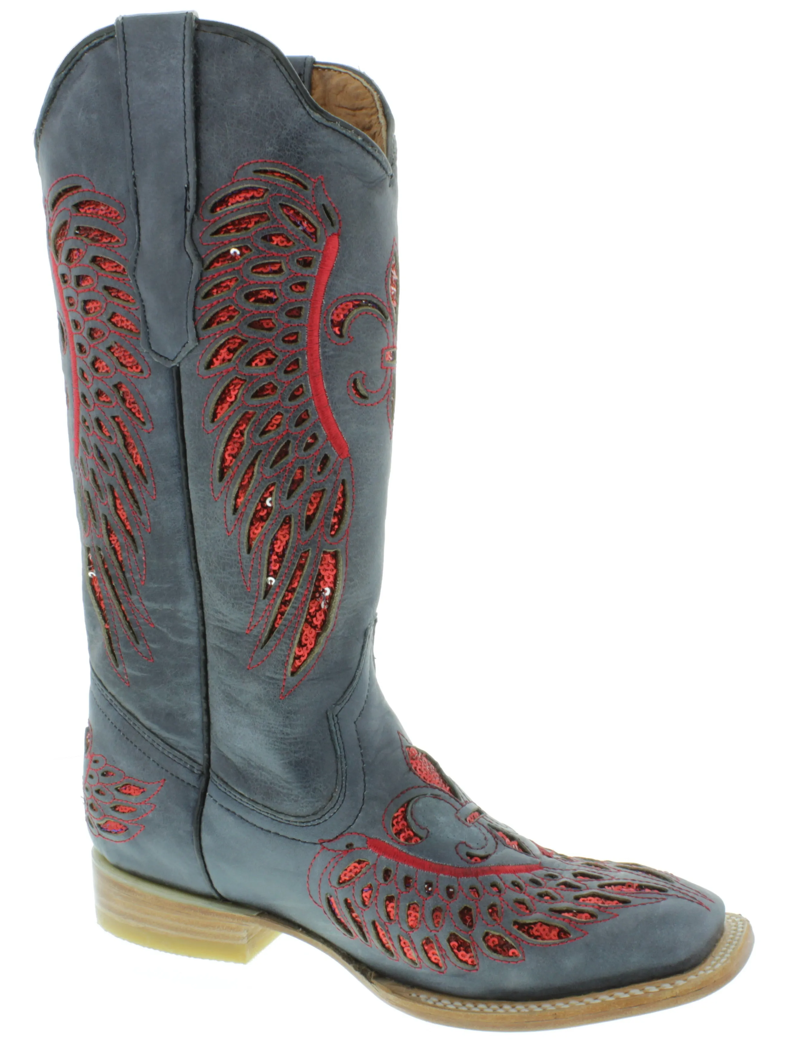 Womens Denim Blue Cowboy Boots Fleur-De-Lis & Wings Red Sequins - Square Toe