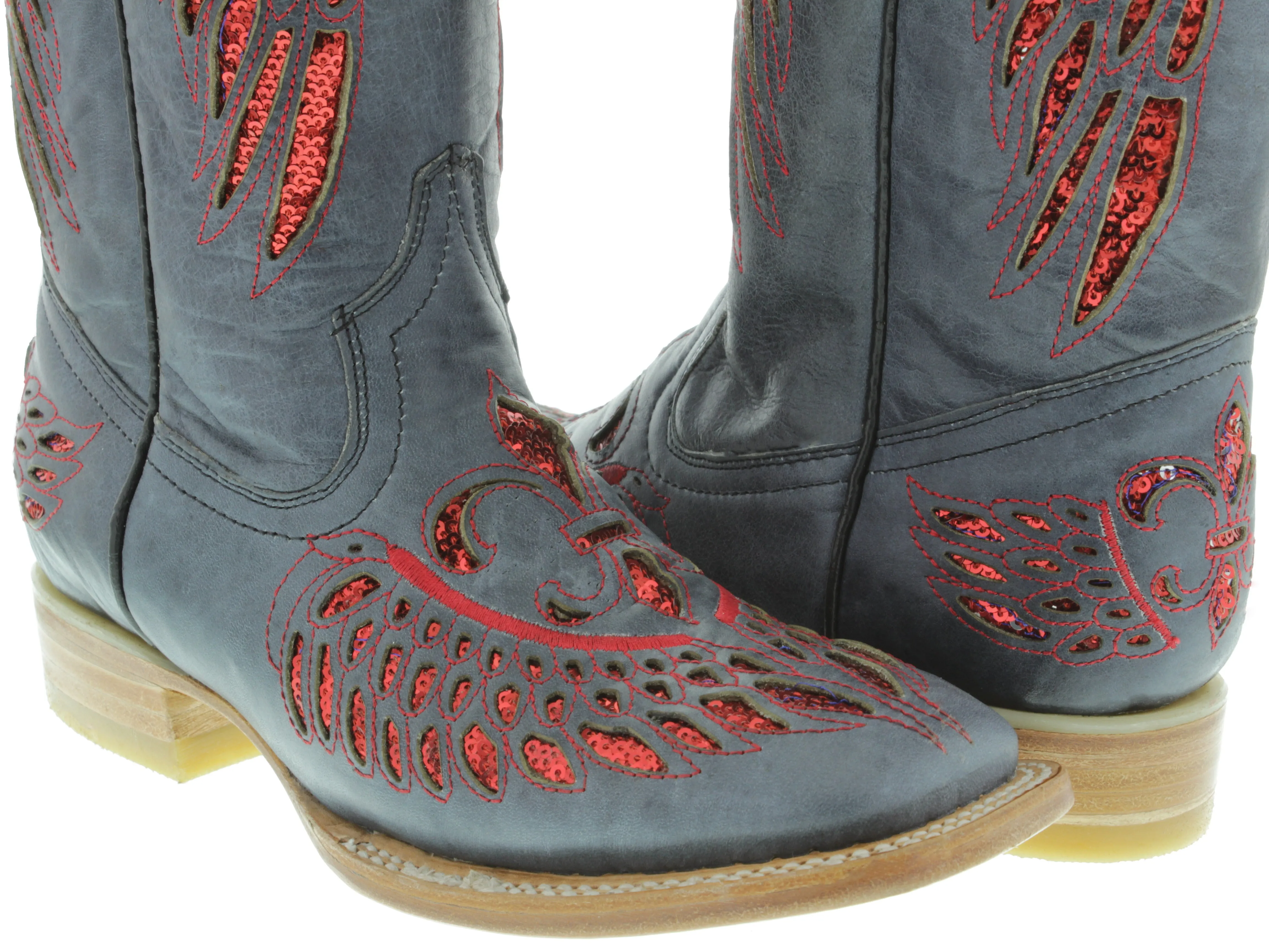 Womens Denim Blue Cowboy Boots Fleur-De-Lis & Wings Red Sequins - Square Toe