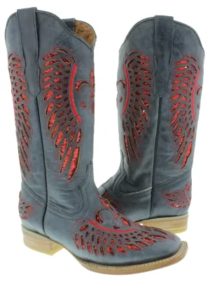 Womens Denim Blue Cowboy Boots Fleur-De-Lis & Wings Red Sequins - Square Toe