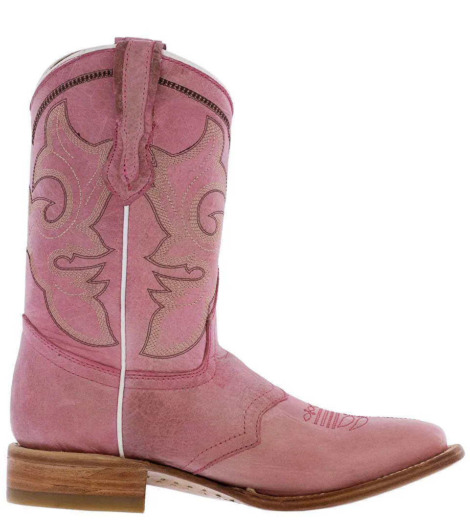 Womens MC560 Pink Stitched Leather Cowboy Boots Square Toe