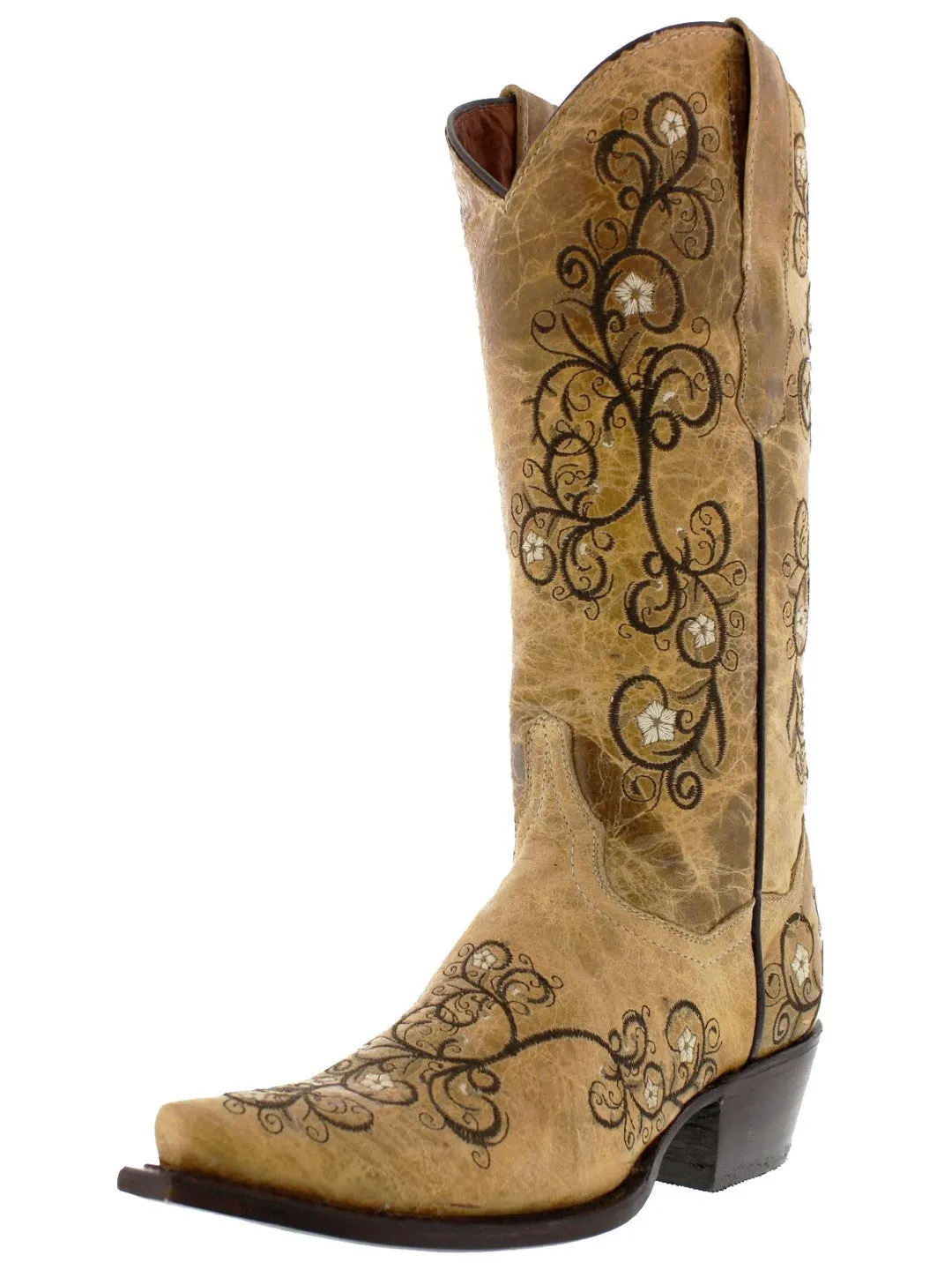 Womens Mesina Sand Leather Cowboy Boots Floral - Snip Toe