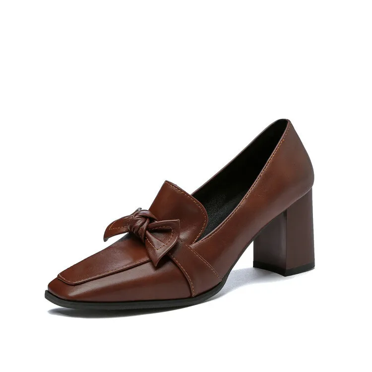 Women's Square Toe Bow Tie Shallow Block Heel Loafers