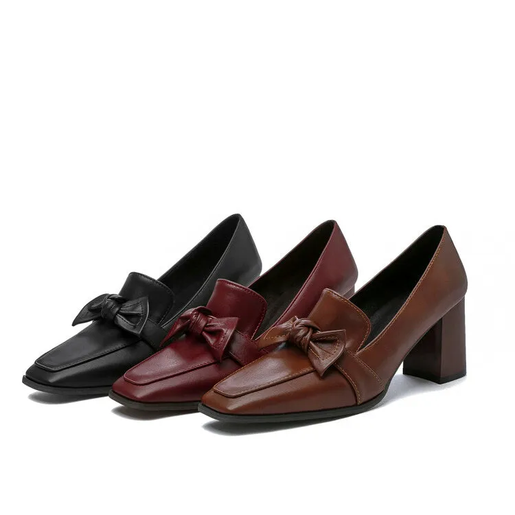 Women's Square Toe Bow Tie Shallow Block Heel Loafers