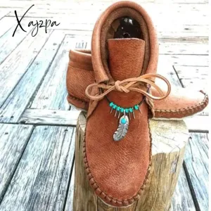 Xajzpa - Women Boots Sewing Flat Lace-Up Women Ankle Boots Autumn Fashion Retro Ankle Pendant Short Boots Woman Shoes