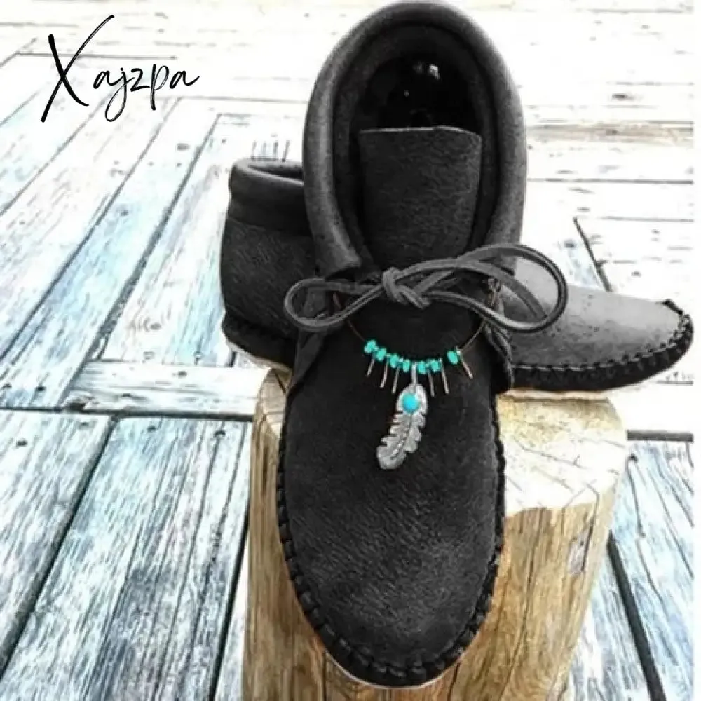 Xajzpa - Women Boots Sewing Flat Lace-Up Women Ankle Boots Autumn Fashion Retro Ankle Pendant Short Boots Woman Shoes