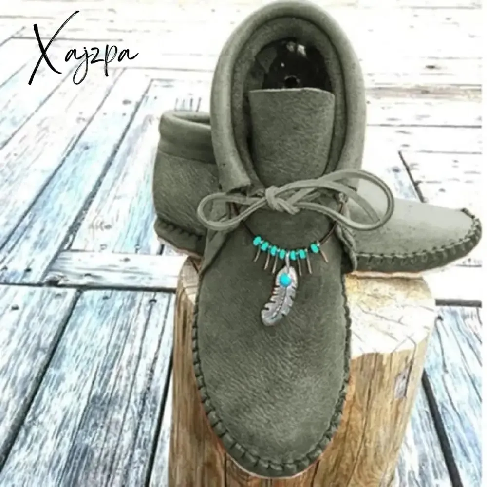 Xajzpa - Women Boots Sewing Flat Lace-Up Women Ankle Boots Autumn Fashion Retro Ankle Pendant Short Boots Woman Shoes